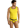 Debardeur jaune Tokyo sans manches porte avec jockstrap assorti, maille jersey moulante, coupe degageant epaules et bras, look estival.