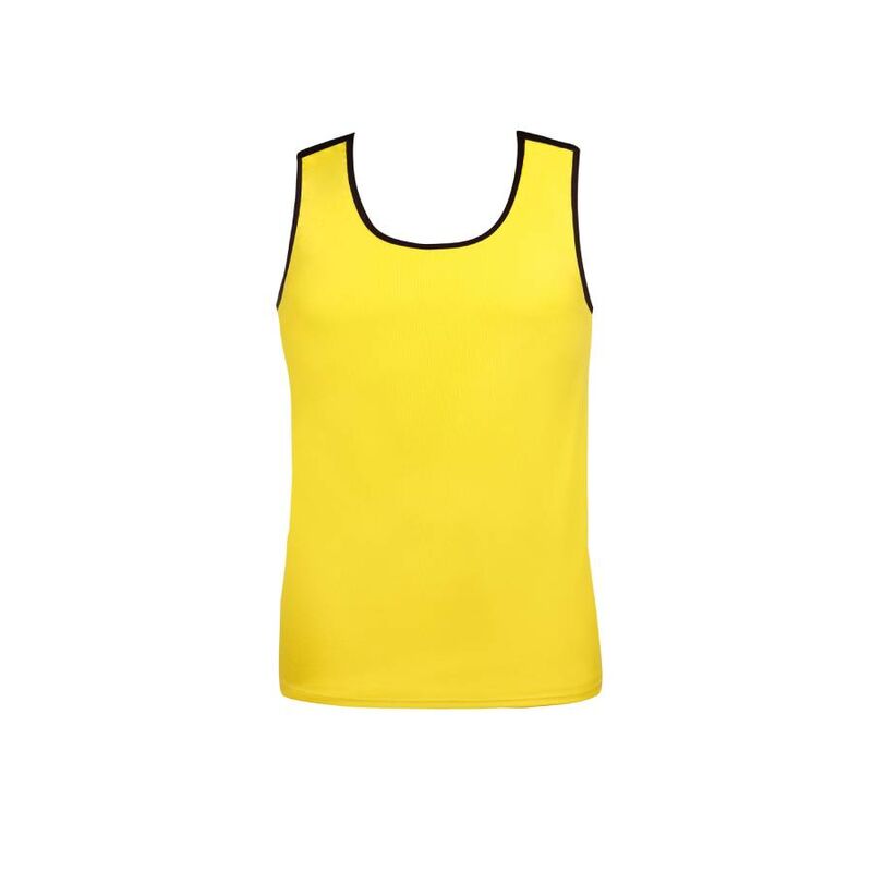 Debardeur homme jaune Tokyo sans manches presente seul de face, maille jersey doux jaune vif, encolure et emmanchures bordees, coupe moulante.