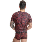 T-shirt et boxer leopard rouge vus de dos sur corps, microfibre extensible, motif animalier expressif, coupe pres du corps et ceinture Anais.