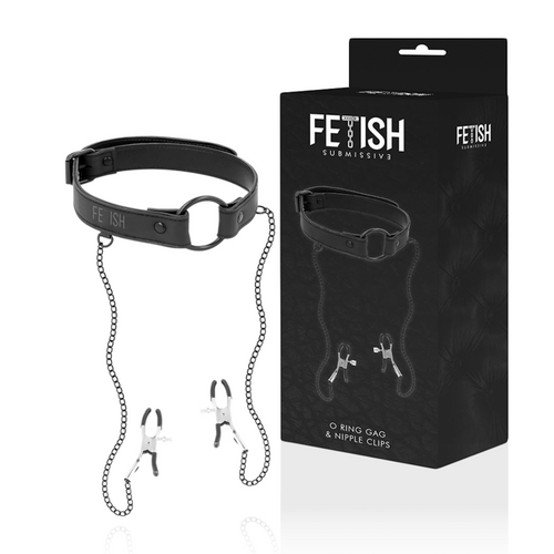 Baillon anneau et pinces a tetons Fetish Submissive presentes avec leur boite O Ring Gag & Nipple Clips, sangle en cuir vegan noir et chaines metal a pinces reglables.