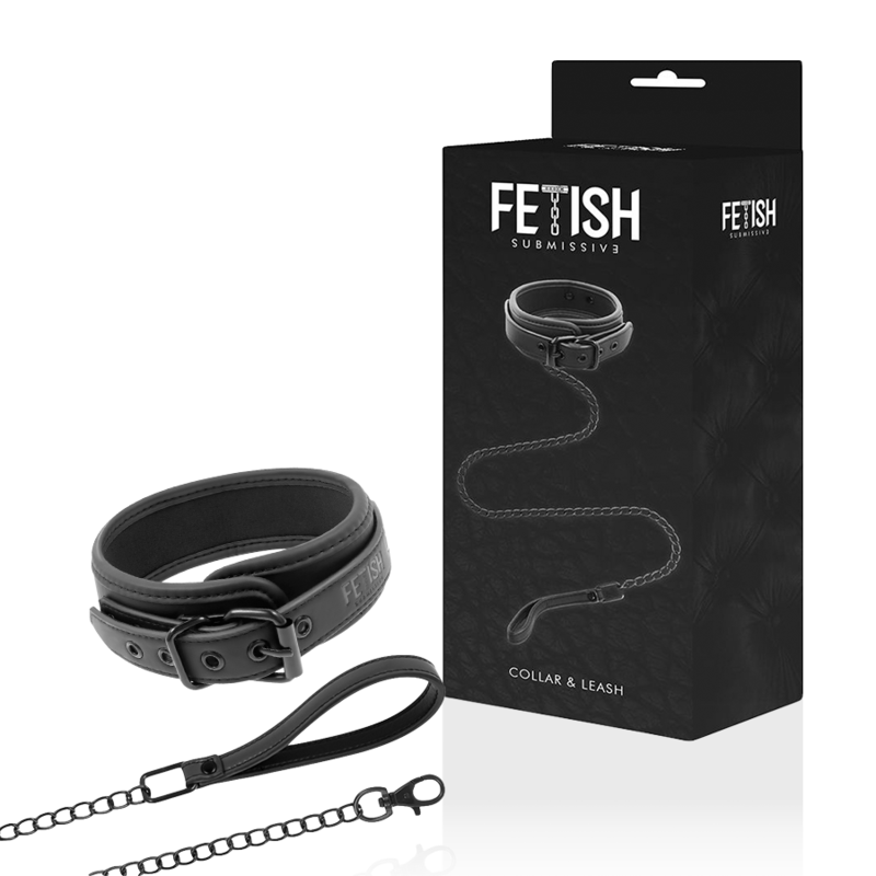 Collier et laisse Fetish Submissive presentes avec leur boite Collar & Leash, sangle en cuir vegan noir et chaine metal a mousqueton pour le jeu de soumission.