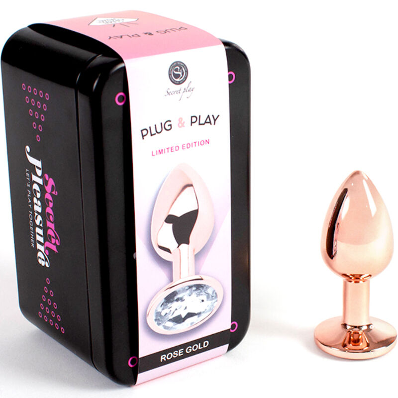 Coffret Plug and Play Rose Gold edition limitee avec plug metal cuivre rose a strass, boite illustree, kit cadeau du plug bijou Secret Pleasure.