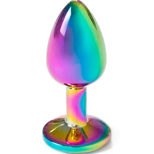 Plug anal bijou en metal multicolore irise effet arc-en-ciel, base bombee a strass, vue de face sur fond blanc, accessoire lisse non poreux Plug and Play.
