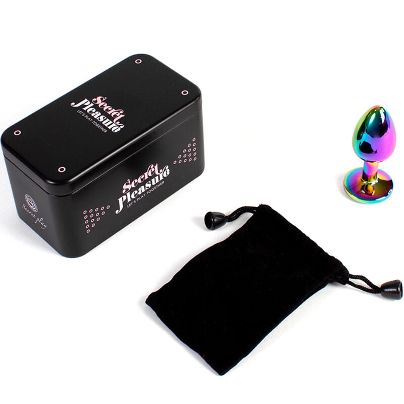 Boite metal Secret Pleasure avec pochette satin et plug anal metal irise multicolore, kit Plug and Play presente avec son rangement discret en satin.