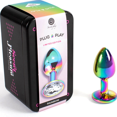 Coffret Plug and Play Rainbow edition limitee avec plug metal irise multicolore a strass, boite illustree, kit cadeau du plug bijou Secret Pleasure.