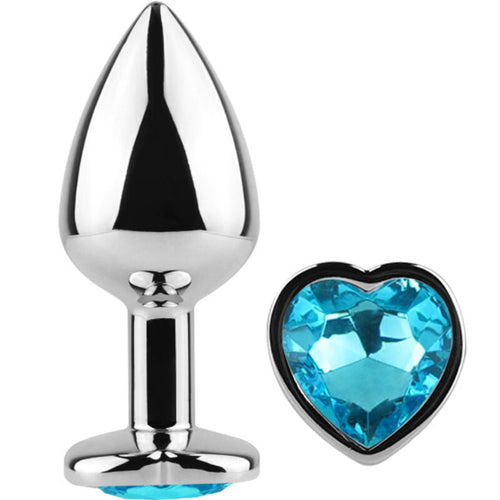 Plug anal bijou en metal argente avec base coeur a strass bleu turquoise, vue de face sur fond blanc, accessoire lisse non poreux de la gamme Plug and Play.