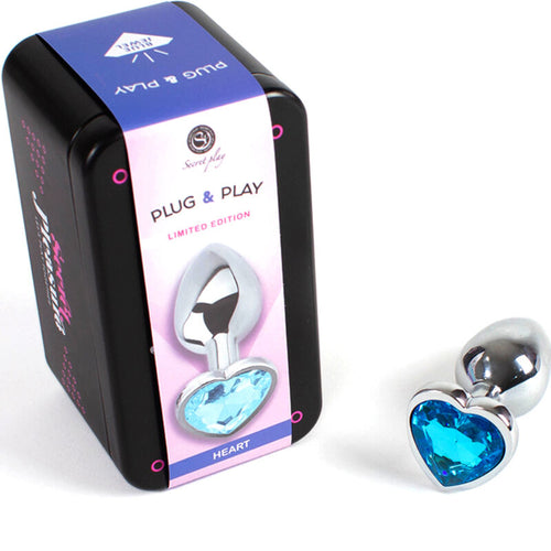 Coffret Plug and Play Heart edition limitee avec plug metal a coeur strass bleu, boite illustree, kit cadeau pour decouvrir le plug bijou Secret Play.
