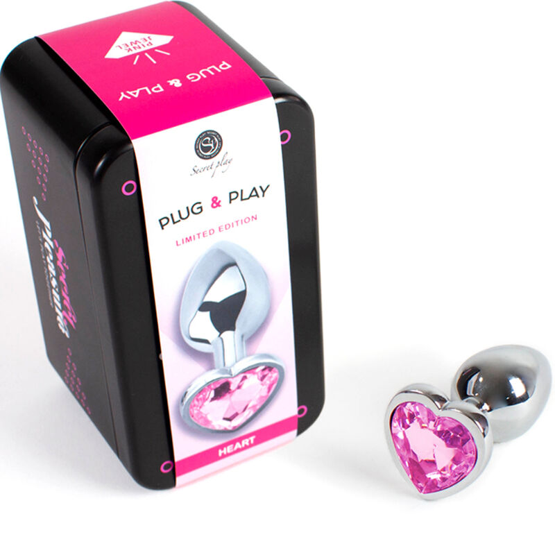 Coffret Plug and Play Heart edition limitee avec plug metal a coeur strass rose, boite illustree, kit cadeau pour decouvrir le plug bijou Secret Pleasure.