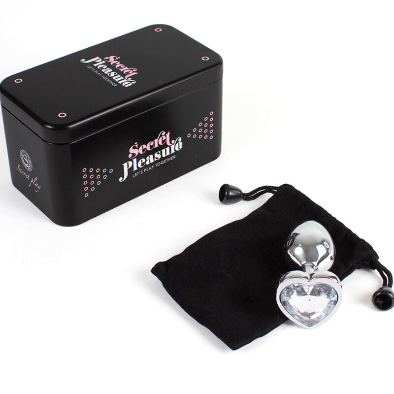 Boite metal Secret Pleasure avec pochette satin et plug anal a coeur strass cristal, kit Plug and Play presente avec son rangement satin noir.