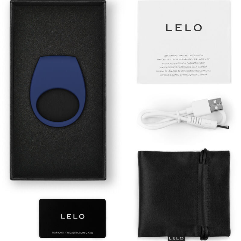 Anneau TOR 3 bleu de Lelo dans son ecrin avec cable USB, carte de garantie et pochette, cockring connecte pour couple rechargeable a 8 modes pilotable par appli