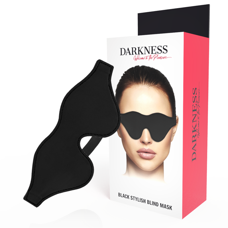 Boite Darkness Black Stylish Blind Mask presentant un masque occultant noir a cote de l'emballage rose. Bandeau pour les yeux destine a la privation sensorielle a deux.