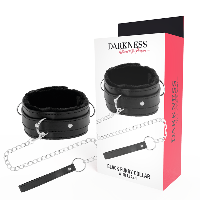 Boite Darkness Black Furry Collar with Leash montrant le collier cuir double fourrure et sa laisse chaine, packaging blanc et rouge BDSM