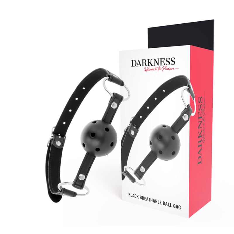 Boite Darkness Black Breathable Ball Gag montrant le baillon a boule noire ajouree et lanieres cuir. Emballage d'un accessoire de baillonnement BDSM pour debutants.
