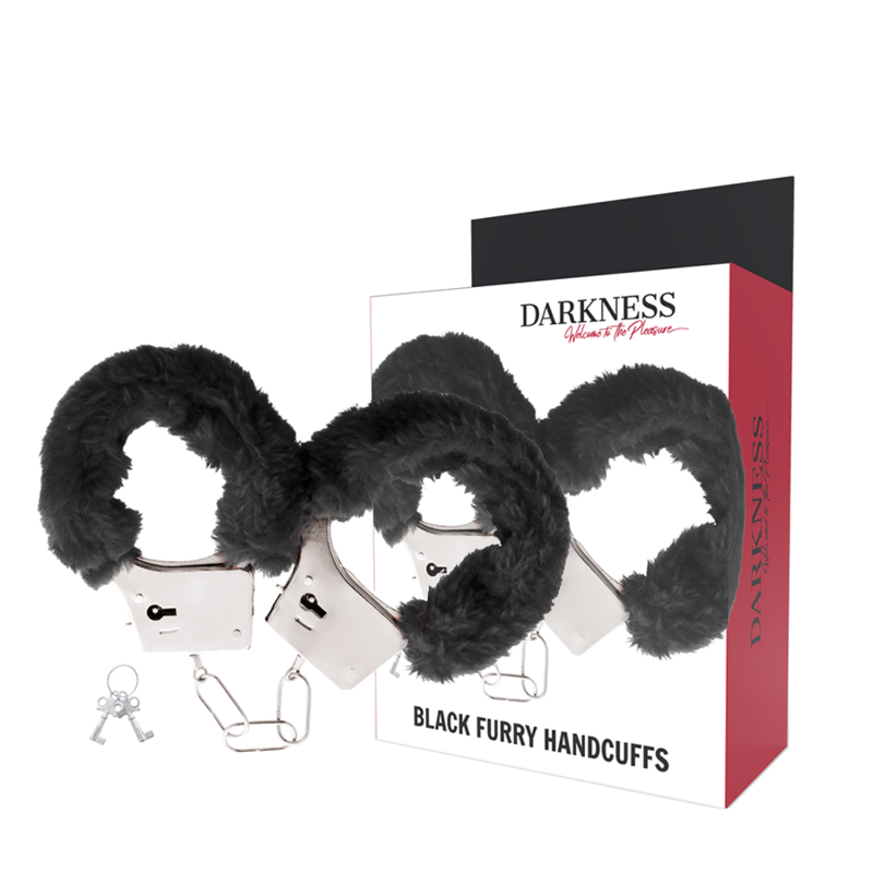 Menottes fourrure noire Darkness presentees a cote de leur boite Black Furry Handcuffs. Menottes metalliques doublees de fausse fourrure pour un bondage confortable.
