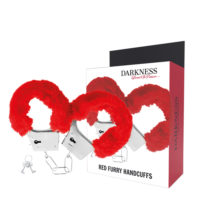 Menottes fourrure rouge Darkness presentees a cote de leur boite Red Furry Handcuffs. Menottes metalliques doublees de fausse fourrure pour un bondage doux et confortable.