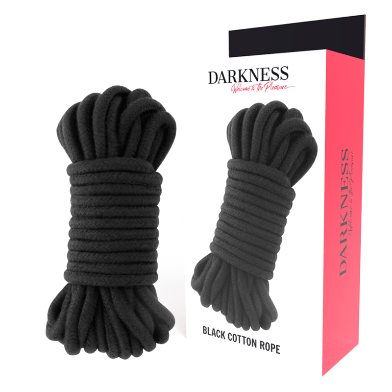 Deux faisceaux de corde de bondage en coton noir Darkness pres de la boite Black Cotton Rope. Coton doux et maniable pour le shibari et l'immobilisation du corps.