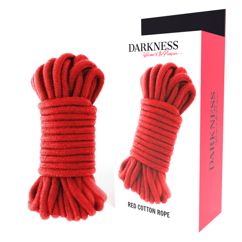 Deux faisceaux de corde de bondage en coton rouge Darkness pres de la boite Red Cotton Rope. Coton doux et maniable pour le shibari et l'immobilisation du corps a deux.