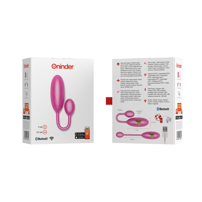 Emballage de l'oeuf vibrant Denver rose vu recto et verso, illustration du produit, cable de recharge USB et compatibilite Bluetooth de l'appareil.