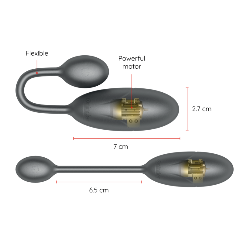 Schema cote de l'oeuf vibrant Denver gris, longueurs 7 cm et 6,5 cm, moteur puissant et tige flexible reliant les deux billes silicone de stimulation.