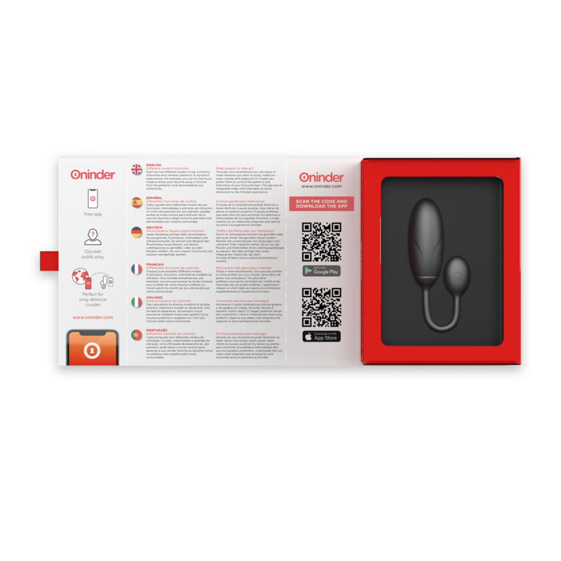 Coffret rouge ouvert de l'oeuf vibrant Denver gris avec notice multilingue, QR code application et le double oeuf silicone loge dans son logement noir.
