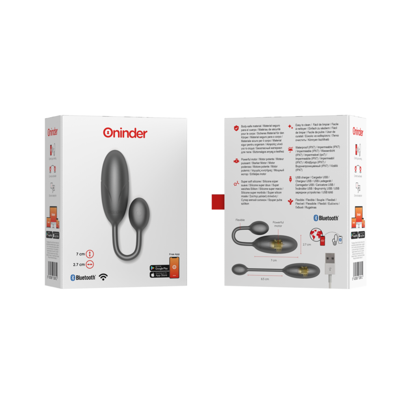 Emballage de l'oeuf vibrant Denver gris vu recto et verso, illustration du produit, cable de recharge magnetique et logos Bluetooth pour le pilotage.