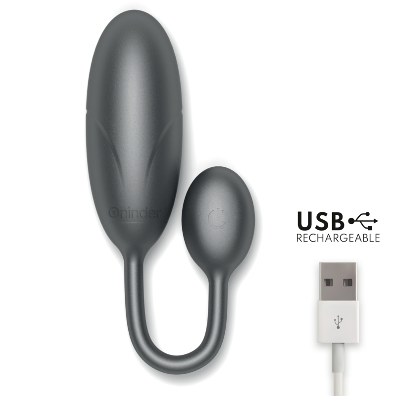 Oeuf vibrant Denver gris presente avec son cable de recharge USB magnetique, double bille silicone non realiste reliee par une tige flexible.