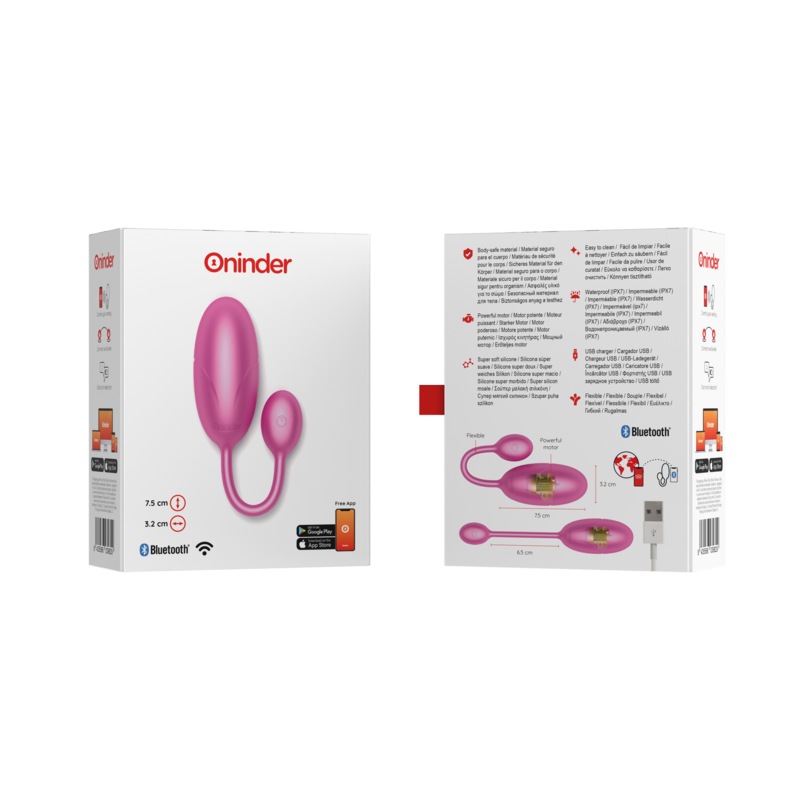 Emballage de l'oeuf vibrant Tokyo rose vu recto et verso, illustration du produit, cable de recharge magnetique et compatibilite Bluetooth IPX7.