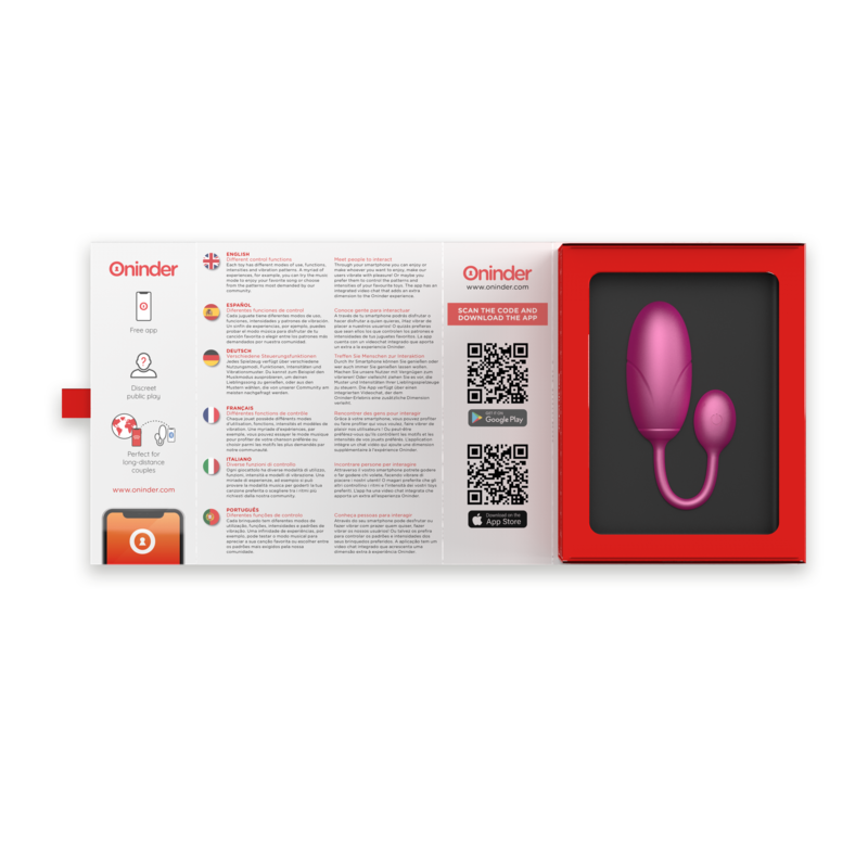 Coffret rouge ouvert de l'oeuf vibrant Tokyo rose avec notice multilingue, QR code application et le double oeuf silicone loge dans son ecrin.