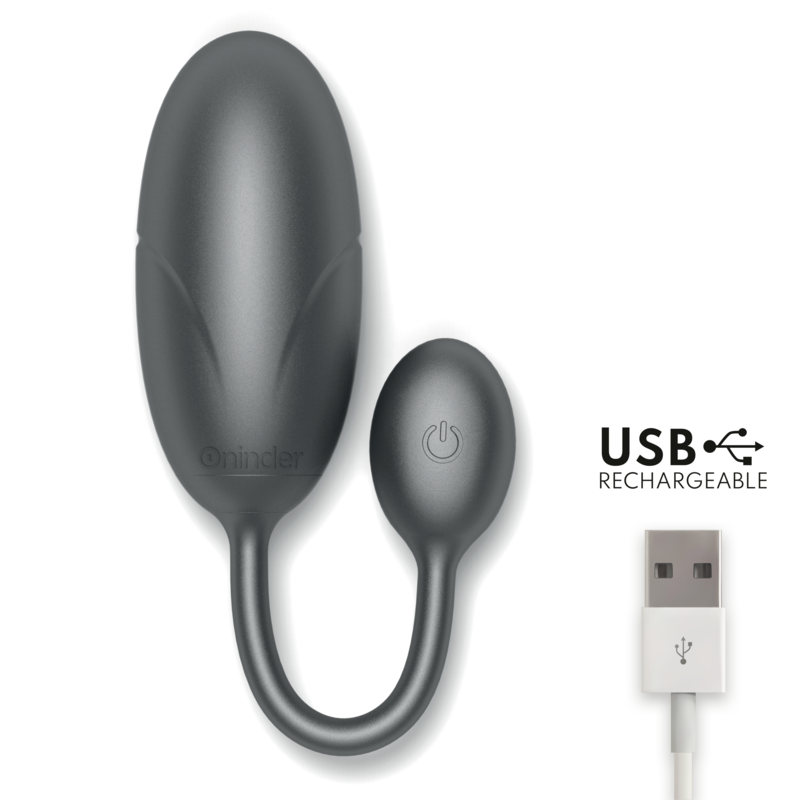 Oeuf vibrant Tokyo gris presente avec son cable de recharge USB magnetique, double bille silicone non realiste reliee par une tige flexible.