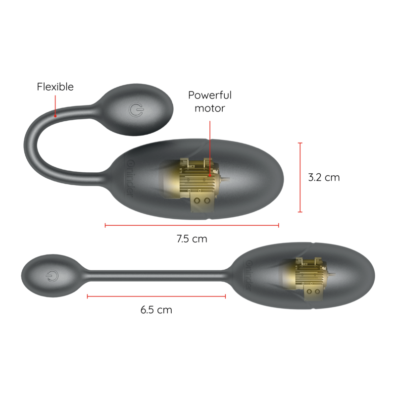 Schema cote de l'oeuf vibrant Tokyo gris, longueurs 7,5 cm et 6,5 cm, moteur puissant interne et tige flexible reliant les deux billes silicone.
