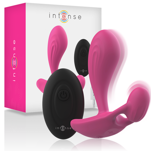 Stimulateur portable Shelly Intense rose avec telecommande noire, forme courbee a porter dans la culotte pour stimulation point G et clitoris.