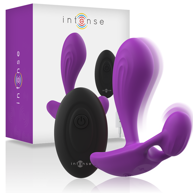 Boite Intense Shelly violette avec stimulateur portable violet et telecommande noire, sextoy mains libres en silicone pour stimulation point G et clitoris.