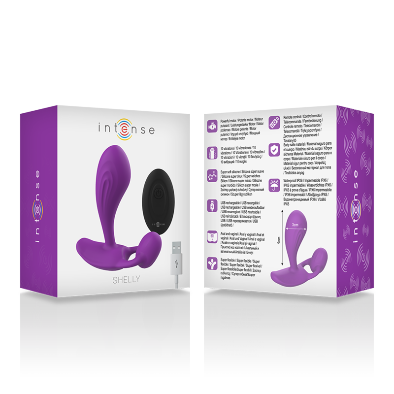 Boite Intense Shelly violette presentant le stimulateur portable et sa fiche descriptive illustree, packaging produit recto verso sur fond blanc.