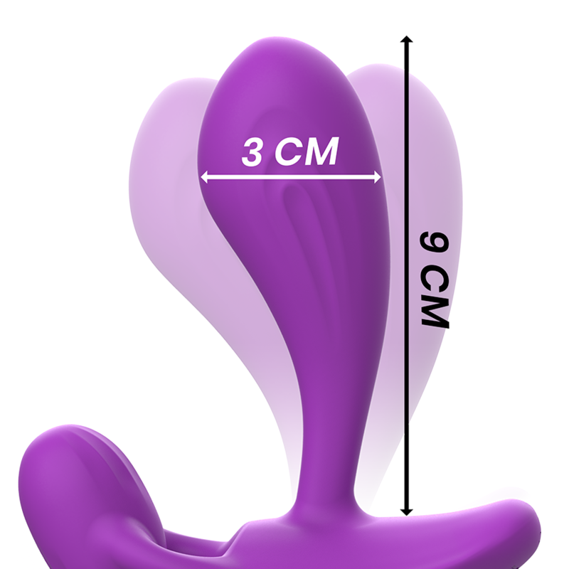 Gros plan cote du stimulateur portable Shelly violet, cotes 3 cm de large et 9 cm de haut, forme courbee en silicone lisse pour port discret.