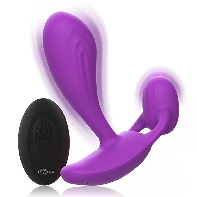 Stimulateur portable Shelly violet en mouvement avec telecommande, forme ondulee qui epouse les contours du corps, double stimulation mains libres.