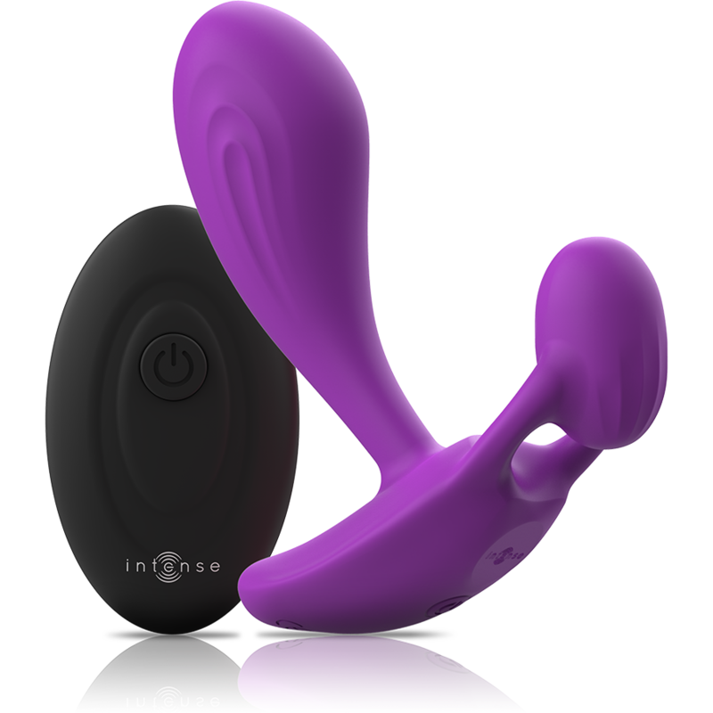 Stimulateur portable Shelly violet avec telecommande noire Intense, branche interne courbee et patte externe, sextoy discret a porter en silicone.