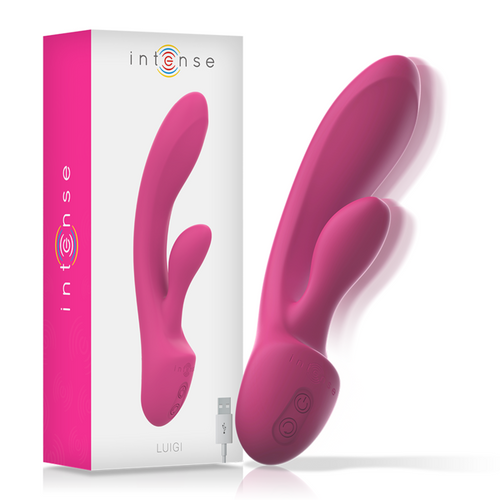 Boite Intense Luigi et son vibromasseur rabbit framboise en silicone, tige point G et oreilles clitoridiennes, recharge USB, jouet double stimulation au design ergonomique.