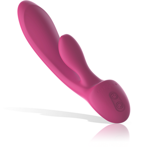 Vibromasseur rabbit Luigi en silicone framboise, tige interne courbee pour le point G et branche clitoridienne souple, boutons de commande a la base, double stimulation simultanee.