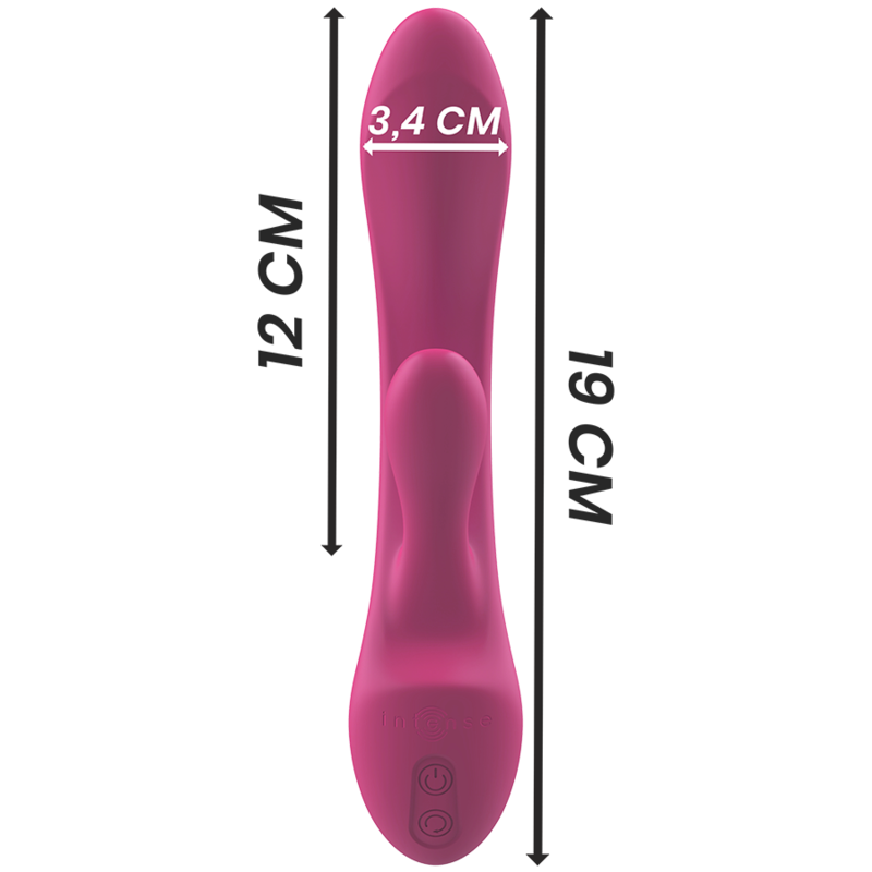 Schema coté du vibromasseur Luigi framboise avec mesures 12 cm insérable, 19 cm total et 3,4 cm de diametre, boutons de commande visibles, silicone flexible double stimulation.