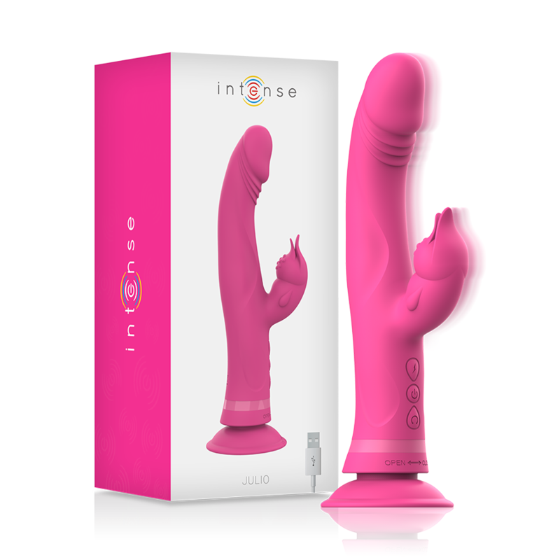 Boite Julio Intense et vibrateur rabbit rose en silicone a ventouse, tige lisse courbee et stimulateur clitoridien en forme de langue ; deux moteurs, 30 modes, etanche Intense