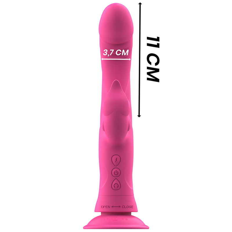 Vibrateur rabbit Julio rose en silicone avec cotes 11 cm et 3,7 cm de diametre ; tige courbee lisse a ventouse et branche clitoridienne, double moteur 30 modes, etanche Intense