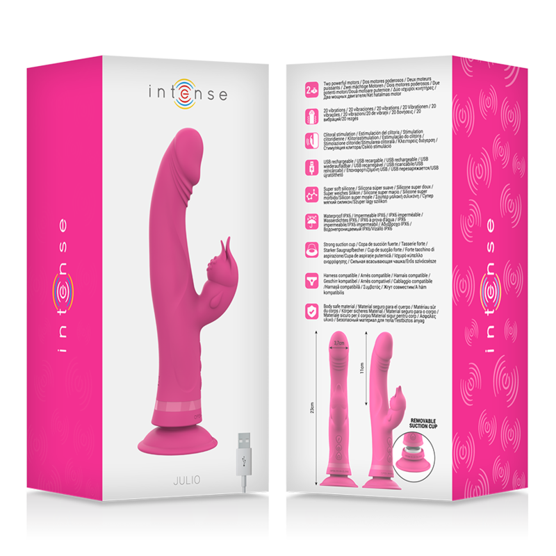 Boite Julio Intense recto verso du vibrateur rabbit rose en silicone a ventouse ; tige courbee et stimulateur clitoridien, double moteur, 24 cm, 30 modes, etanche IPX