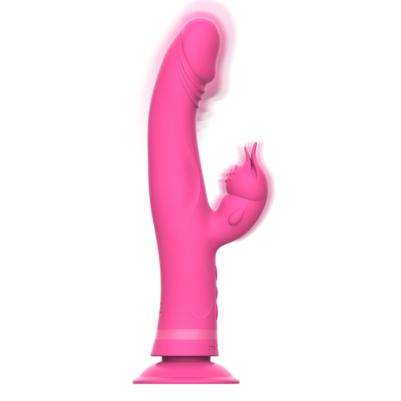 Vibrateur rabbit Julio rose en silicone, tige courbee lisse a tete bombée et petit stimulateur clitoridien fleuri ; 24 cm de long, 11 cm insérable, 30 modes, double moteur Intense