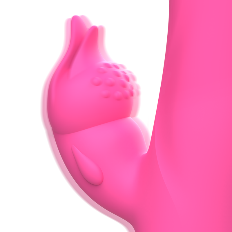 Gros plan sur le stimulateur clitoridien du rabbit Julio rose, branche fleurie a picots souples en silicone ; double moteur independant, 30 modes vibratoires, etanche Intense