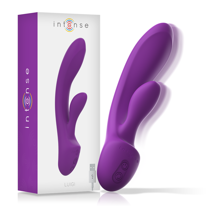 Boite Intense Luigi violette et son vibromasseur rabbit assorti en silicone, tige point G et oreilles clitoridiennes, recharge USB, double stimulation au design ergonomique.
