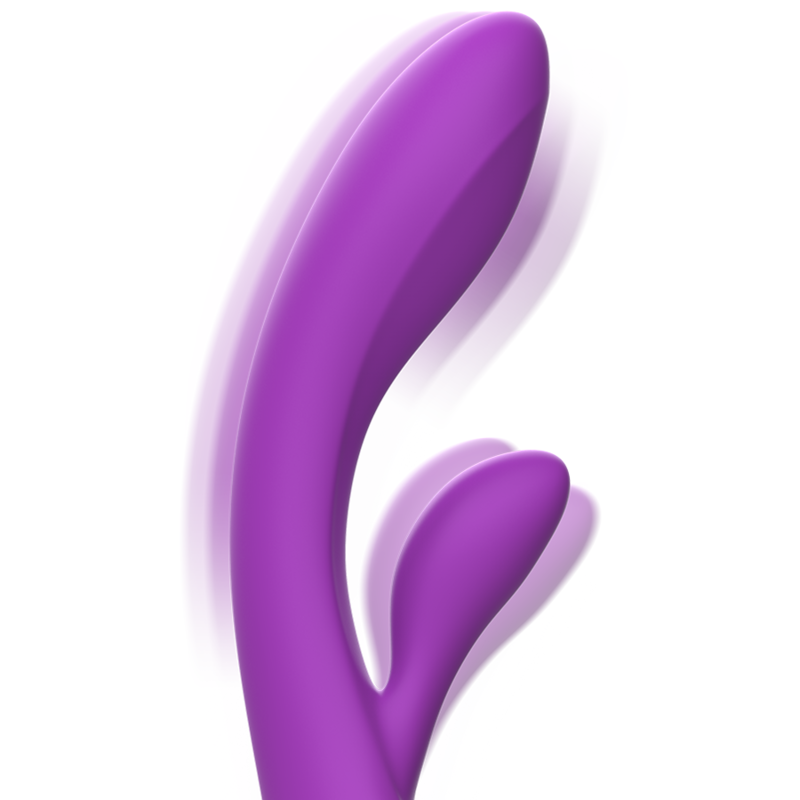 Gros plan du vibromasseur rabbit Luigi violet, tige point G courbee et bras clitoridien flou suggerant la vibration, silicone souple double stimulation enveloppante.