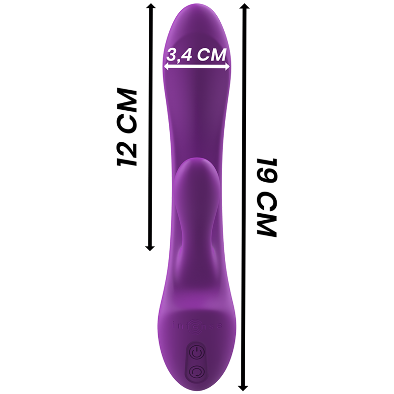 Schema coté du vibromasseur Luigi violet avec mesures 12 cm insérable, 19 cm total et 3,4 cm de diametre, boutons visibles, silicone flexible pour double stimulation.