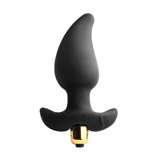 Gros plan du plug anal vibrant prostate en silicone noir, tige profilée incurvée sur base en T ergonomique, capsule vibrante dorée logée sous le socle.