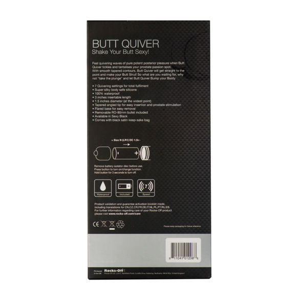 Verso de la boîte Butt Quiver : descriptif anglais, schéma d'alimentation par pile, pictogrammes d'usage et code-barres sur fond sombre, aucun corps représenté.