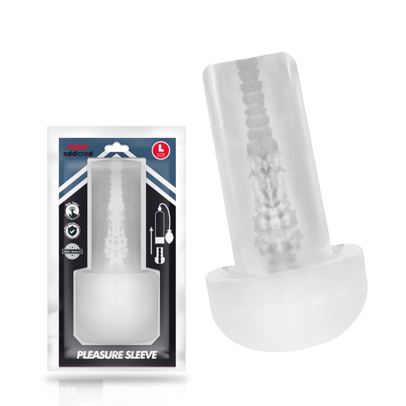 Manchon masturbateur Addicted Pleasure Sleeve transparent moule en orifice intime realiste sur base arrondie, presente avec sa carte blister.